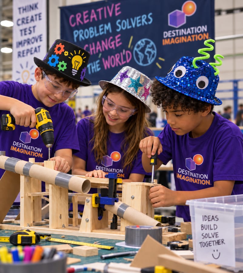 Three students in DI shirts and decorated hats building a wooden machine with a drill